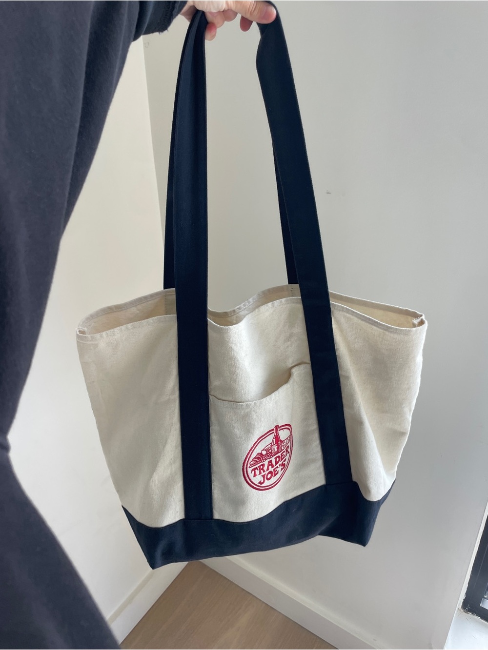 Trader Joe's Canvas Tote Bag with Black Straps and Red Logo